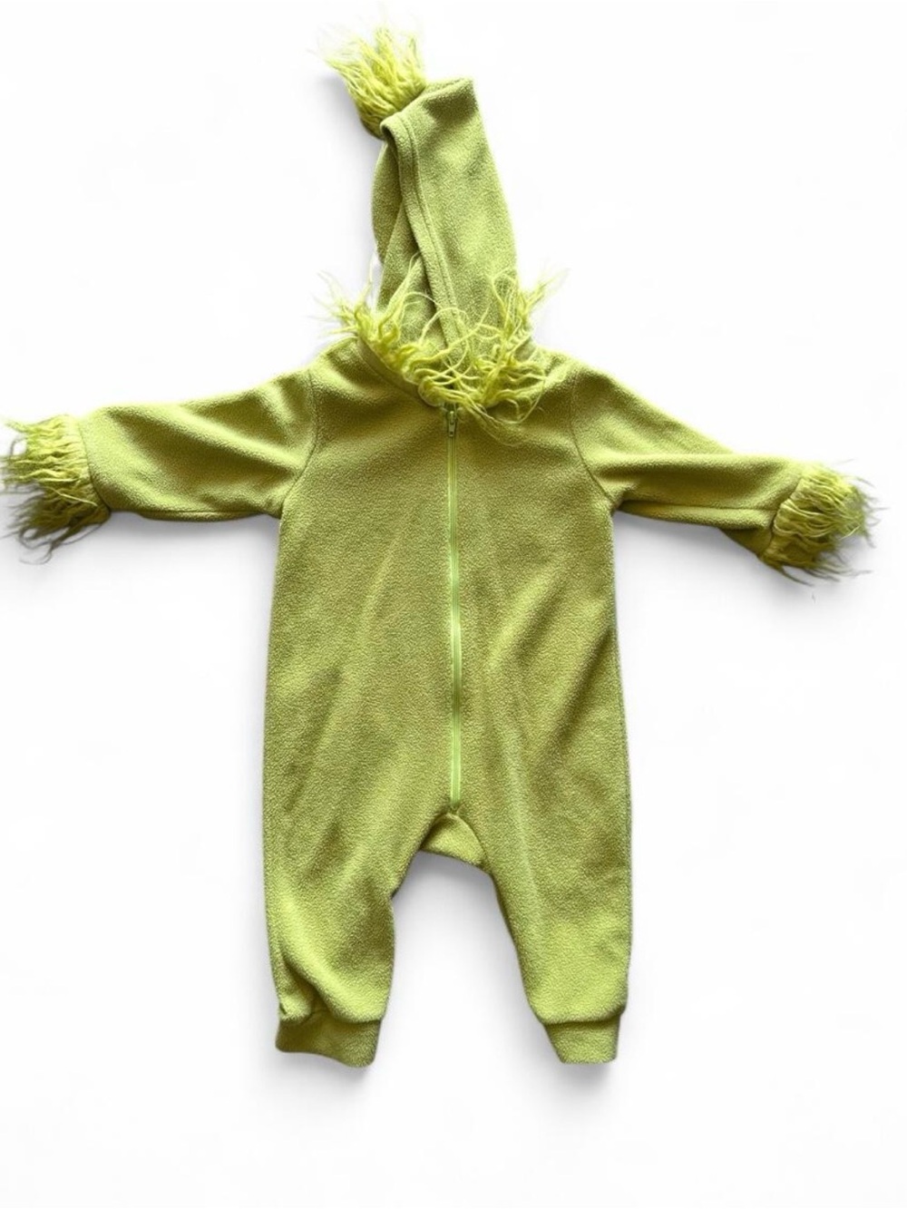 Green Grinch baby onesie with hood and fringe